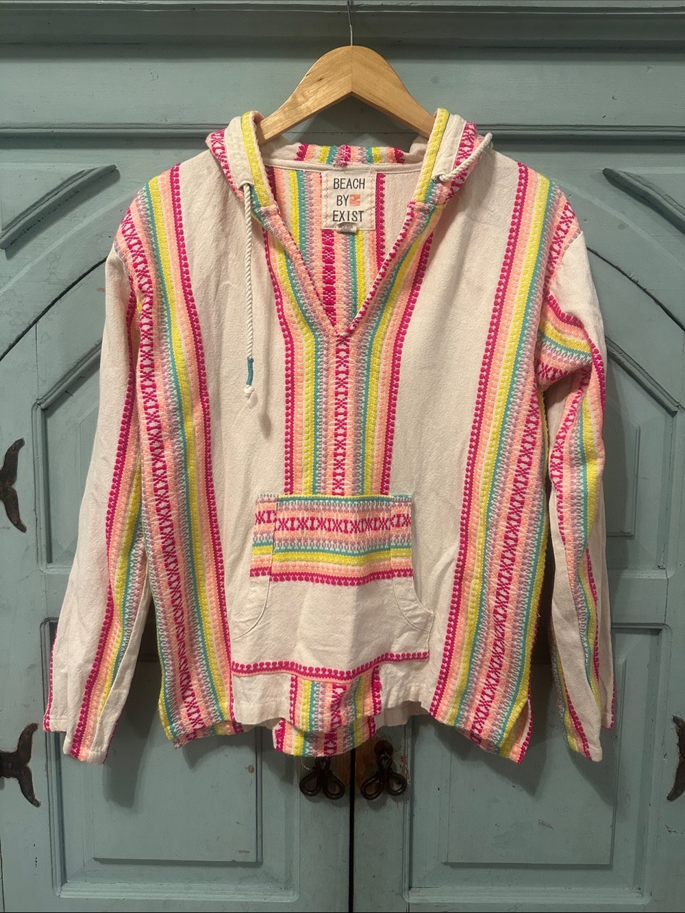 Beach By Exist Women’s Cream Hoodie with Pink, Yellow, Green & Blue Stripes